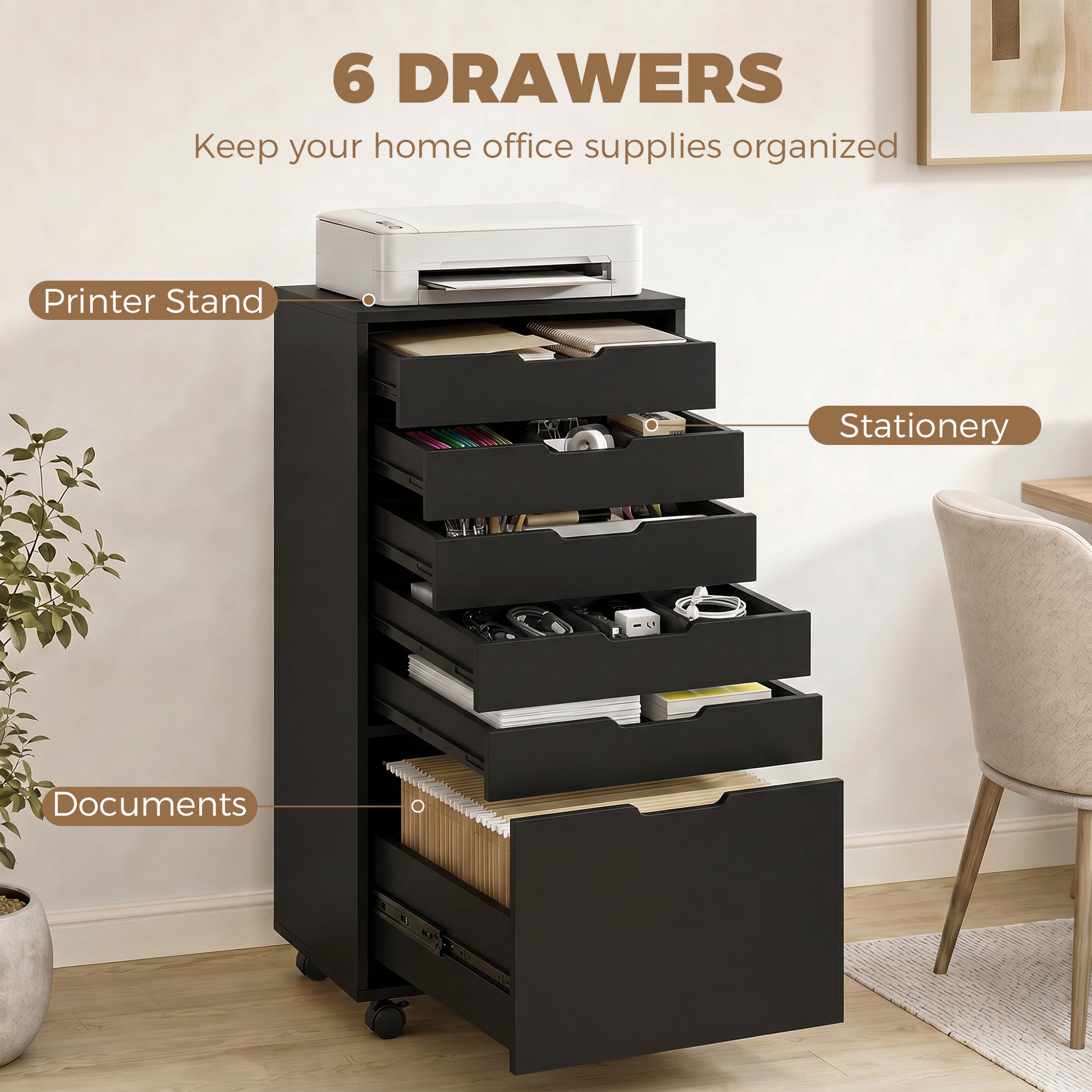 File Cabinet on Wheels Mobile Printer Stand with 6 Drawers for Home Office Black-Office Products > Office Furniture > Office Cabinets & Cupboards-DECOROLALA