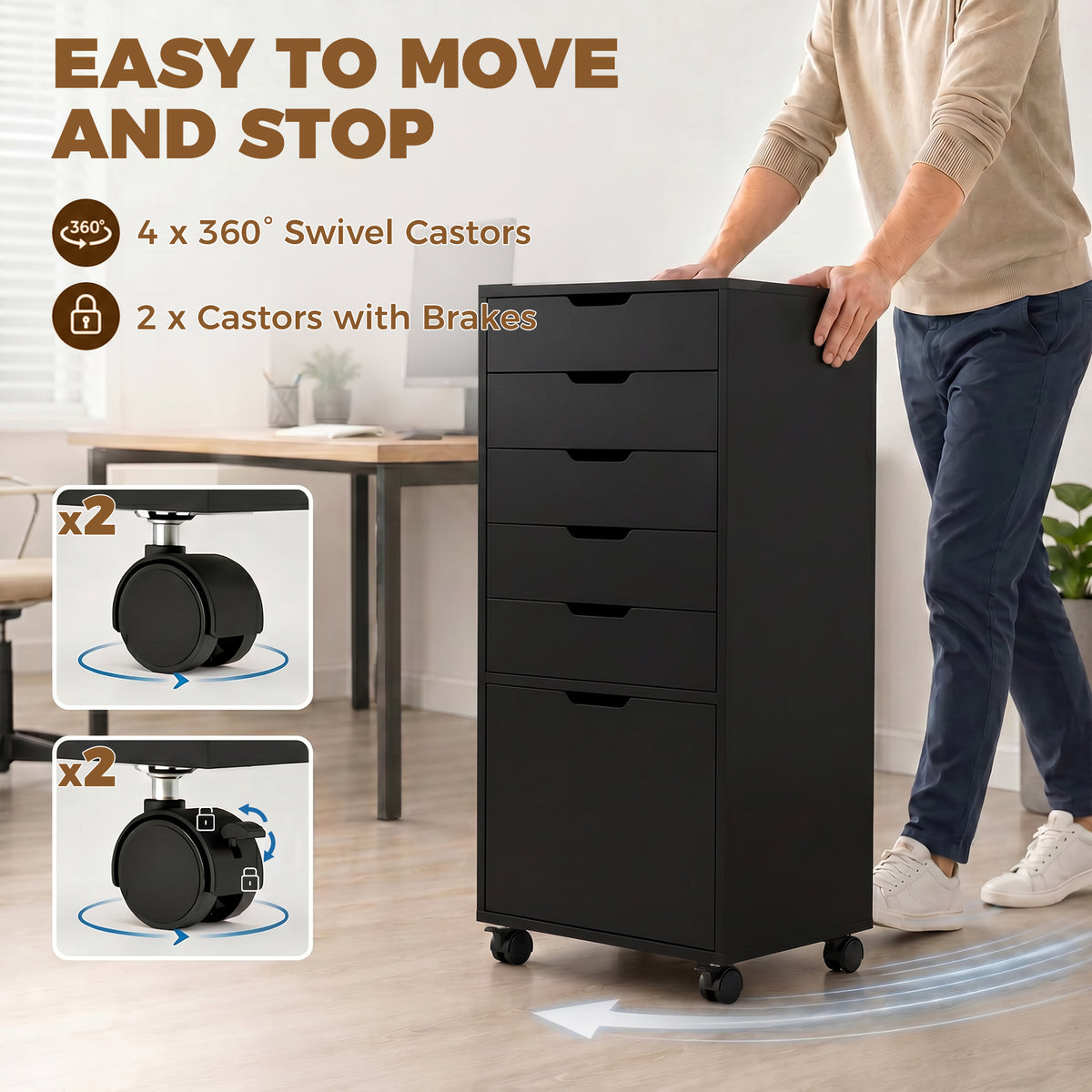 File Cabinet on Wheels Mobile Printer Stand with 6 Drawers for Home Office Black-Office Products > Office Furniture > Office Cabinets & Cupboards-DECOROLALA