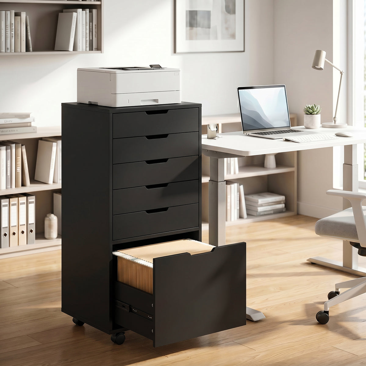 File Cabinet on Wheels Mobile Printer Stand with 6 Drawers for Home Office Black-Office Products > Office Furniture > Office Cabinets & Cupboards-DECOROLALA