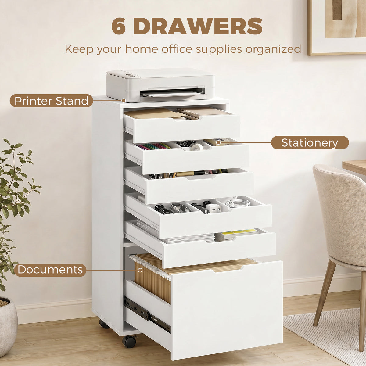 File Cabinet on Wheels Mobile Printer Stand with 6 Drawers for Home Office White-Office Products > Office Furniture > Office Cabinets & Cupboards-DECOROLALA