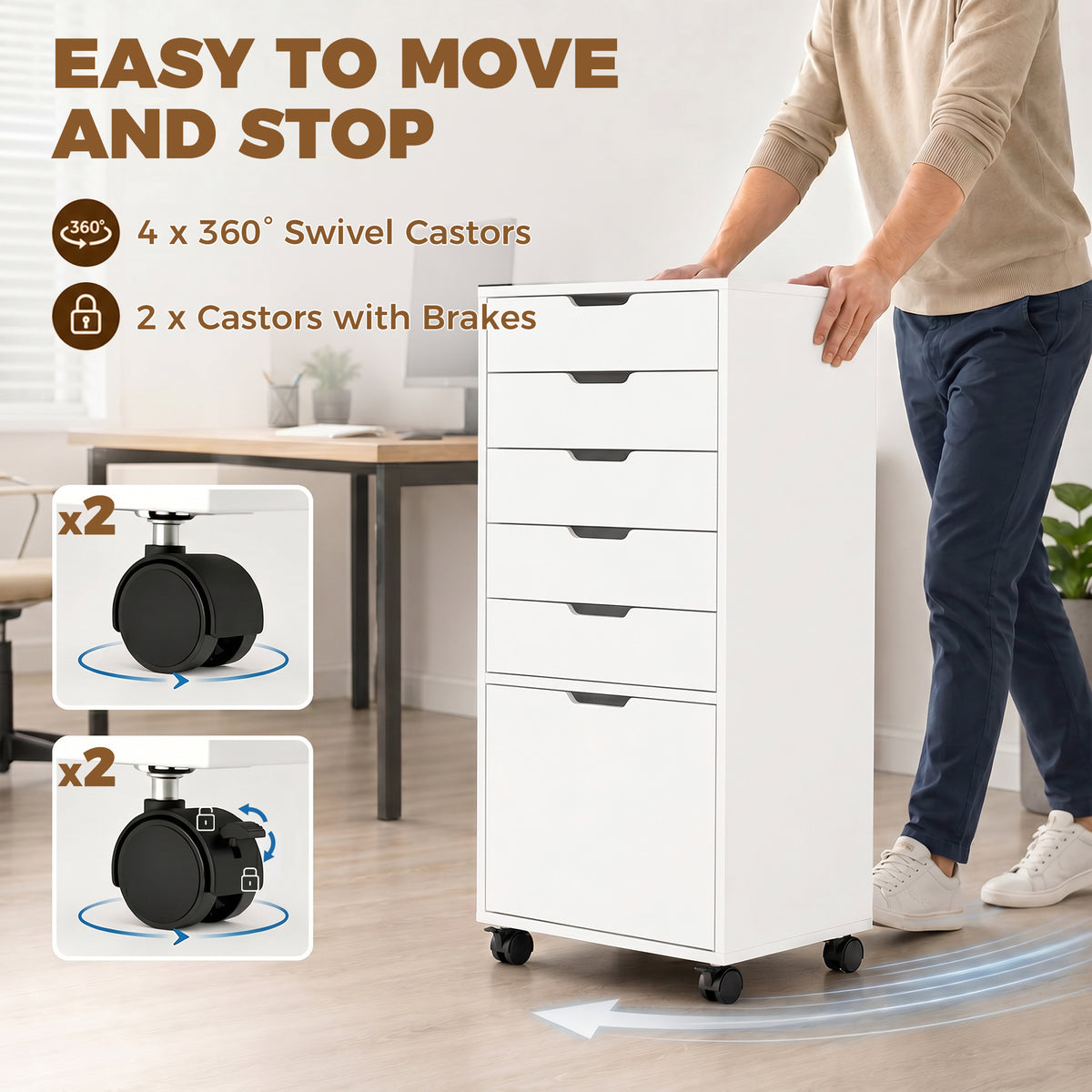 File Cabinet on Wheels Mobile Printer Stand with 6 Drawers for Home Office White-Office Products > Office Furniture > Office Cabinets & Cupboards-DECOROLALA
