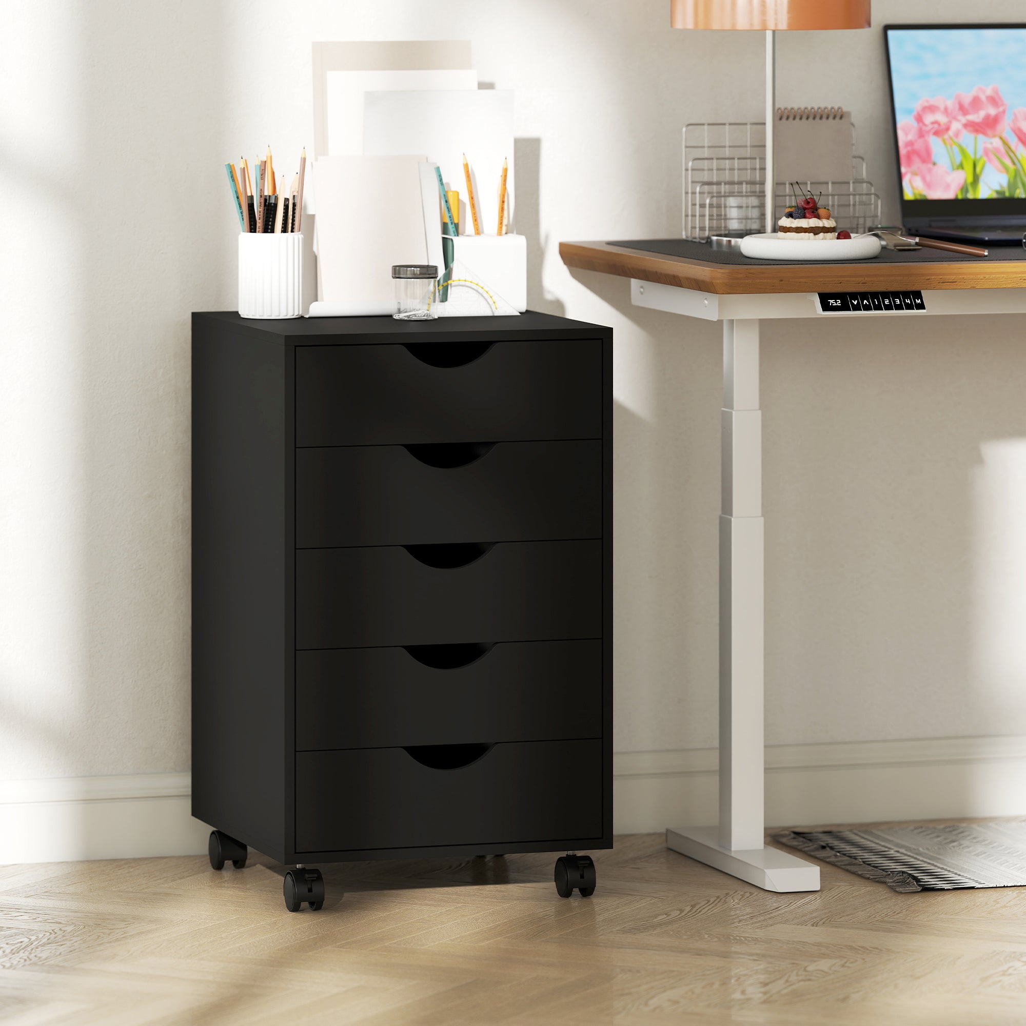 File Cabinet with 5 Drawer Wheels, 15.7" x 15.7" x 26.4", Black-Office Products > Office Furniture > Office Cabinets & Cupboards-DECOROLALA