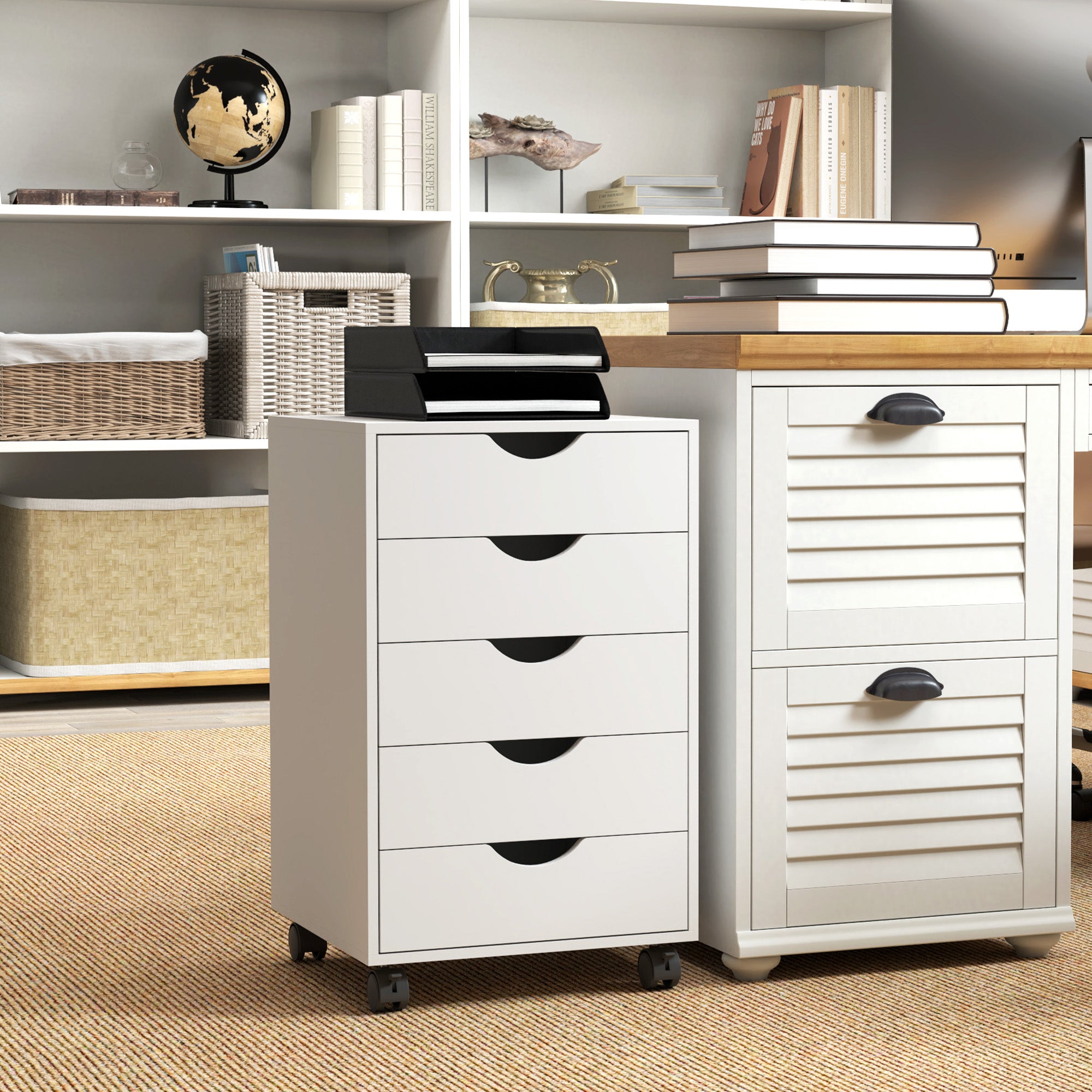 File Cabinet with 5 Drawer Wheels, 15.7" x 15.7" x 26.4", White-Office Products > Office Furniture > Office Cabinets & Cupboards-DECOROLALA