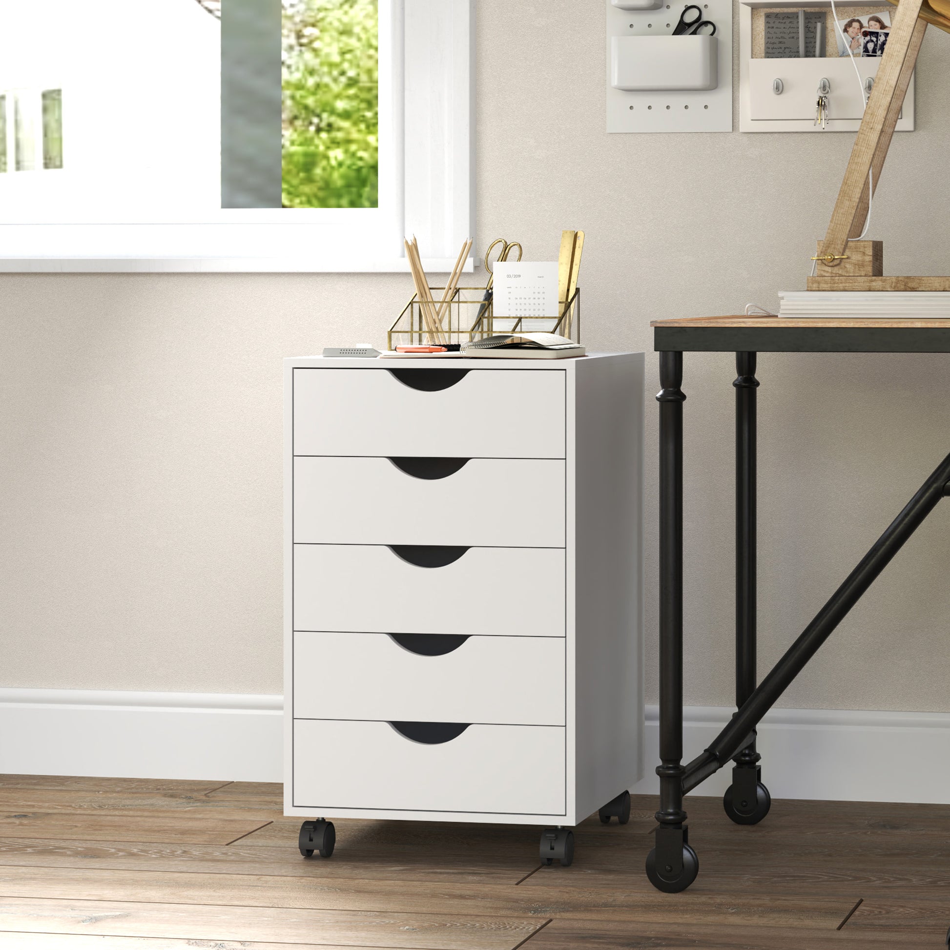 File Cabinet with 5 Drawer Wheels, 15.7" x 15.7" x 26.4", White-Office Products > Office Furniture > Office Cabinets & Cupboards-DECOROLALA