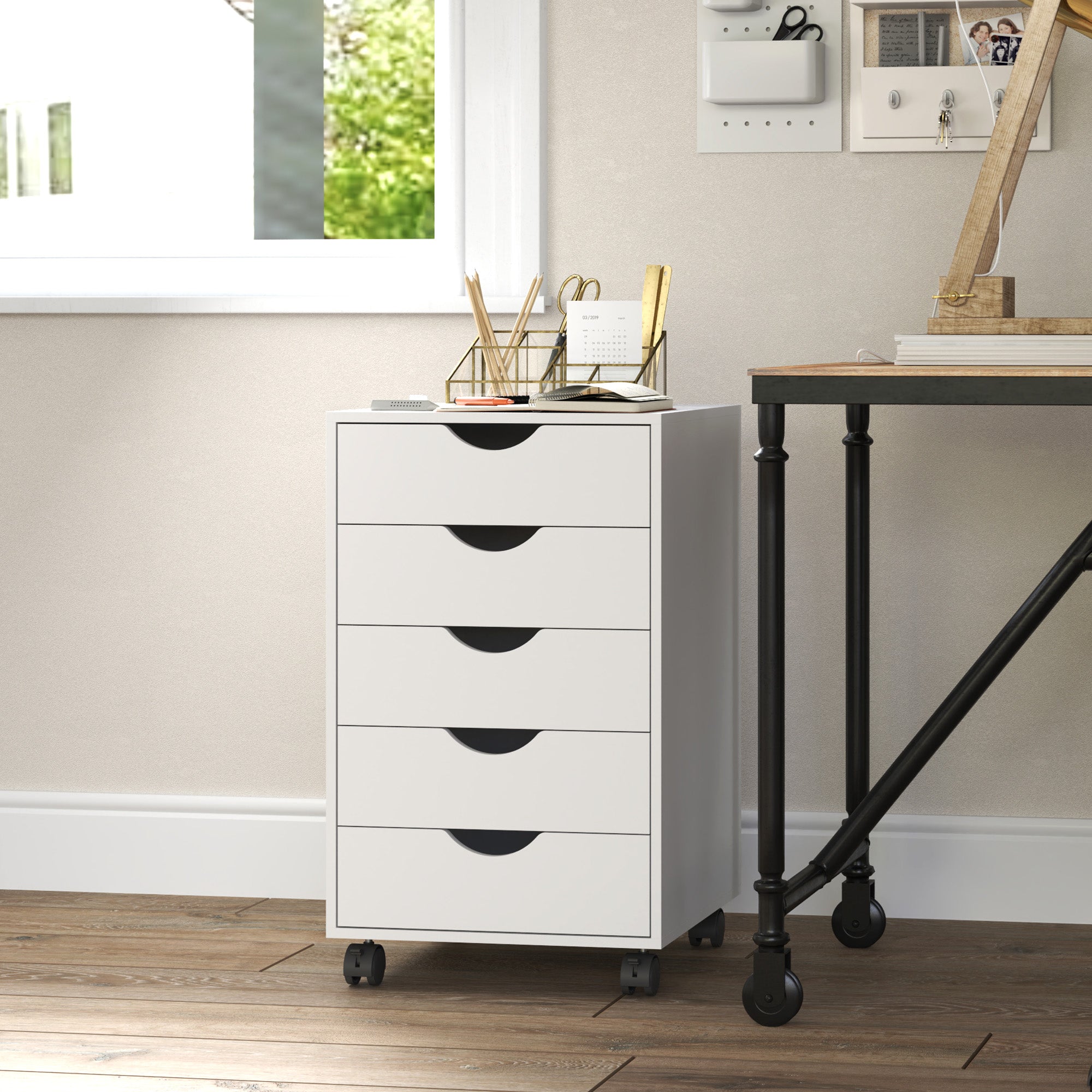 File Cabinet with 5 Drawer Wheels, 15.7" x 15.7" x 26.4", White-Office Products > Office Furniture > Office Cabinets & Cupboards-DECOROLALA
