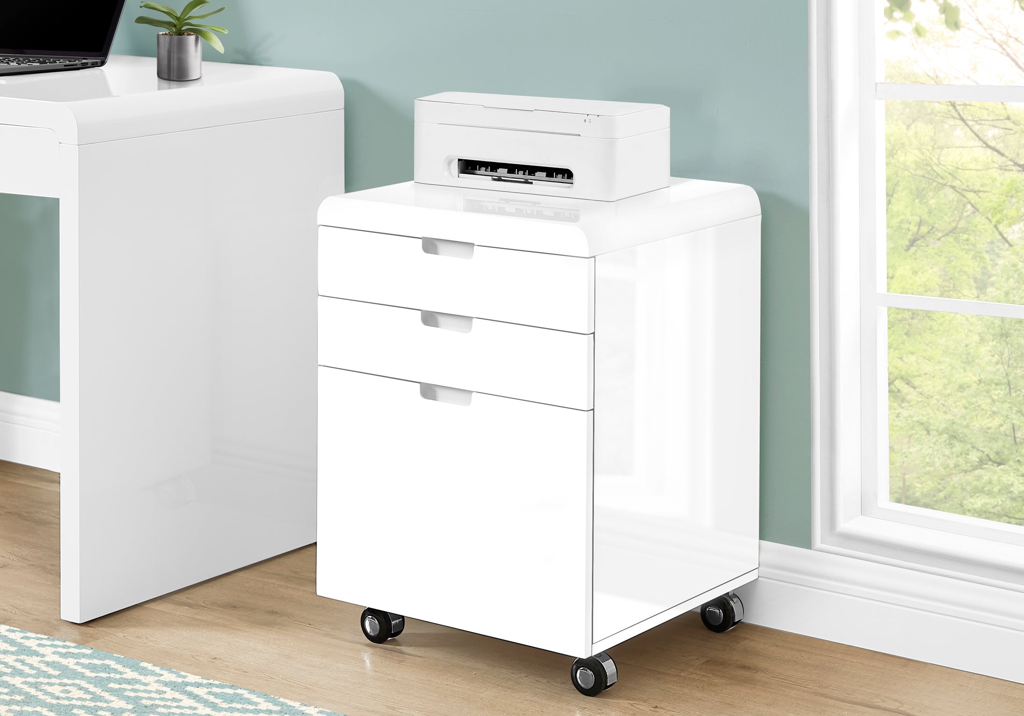 Filing Cabinet 3-Drawer White Gloss with Castors-Filing Cabinet-DECOROLALA