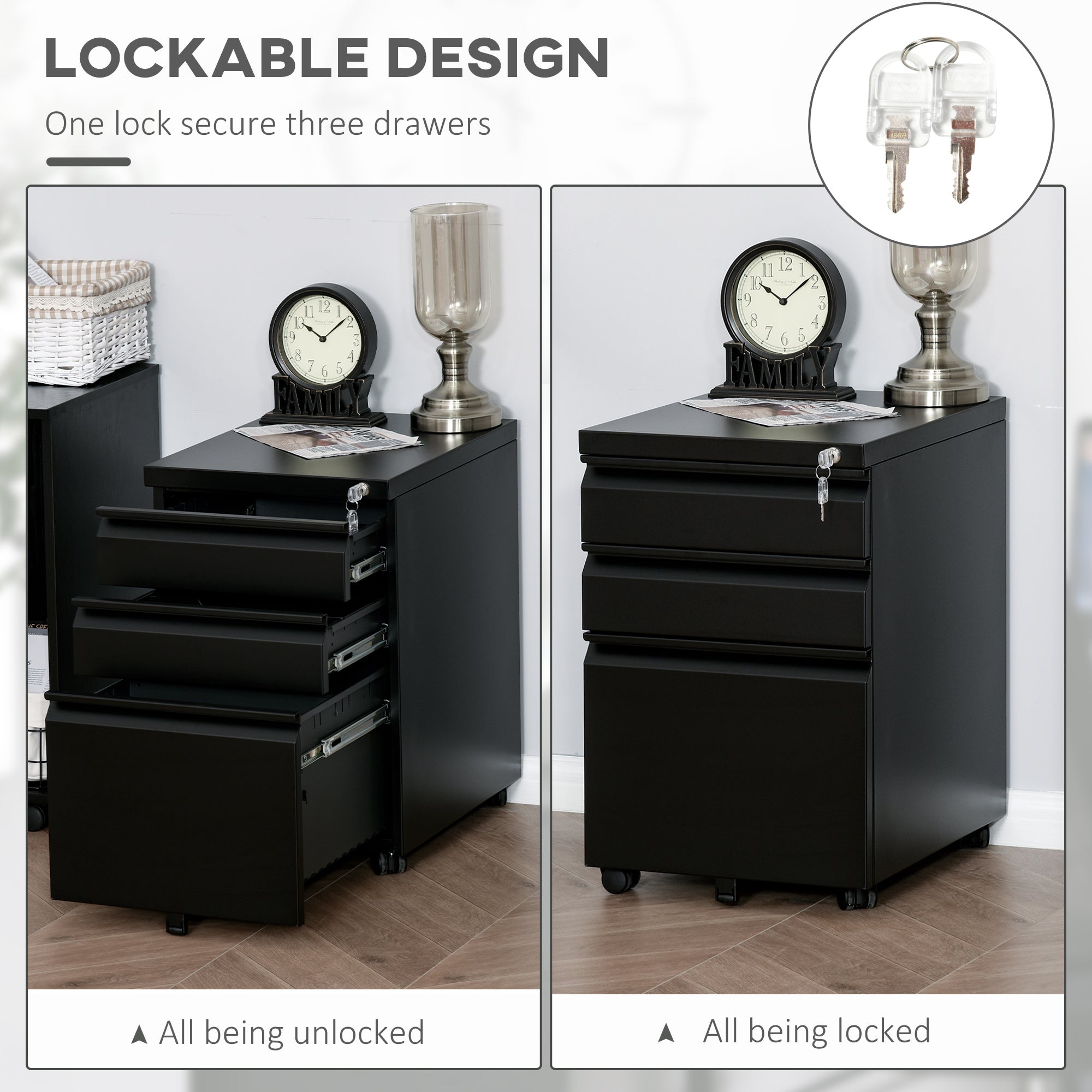 Filing Cabinet, Lockable 3-Drawer Office Storage, Black, on Wheels-DECOROLALA