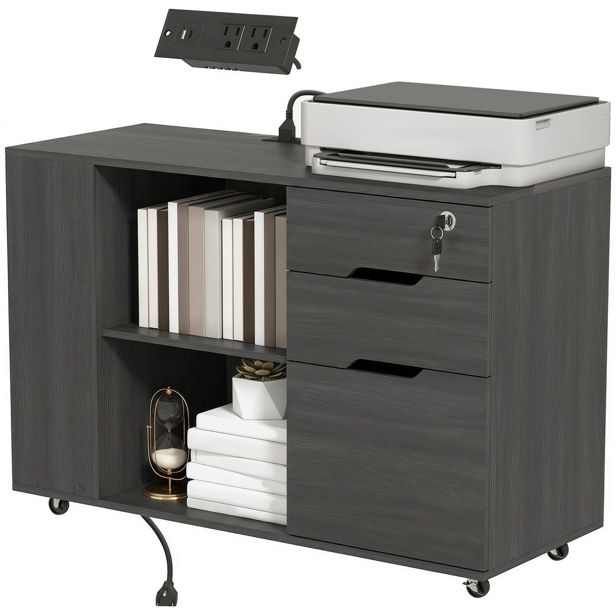Filing Cabinet with Power Outlets - Black Wood Grain-Office Products > Office Furniture > Office Cabinets & Cupboards-DECOROLALA