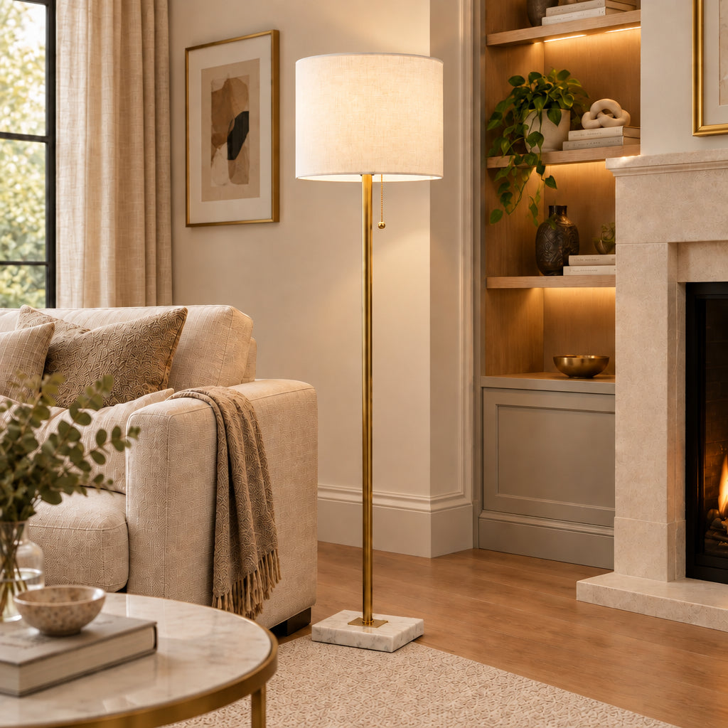 Fiona Floor Lamp - White Marble Brass-Lighting-DECOROLALA