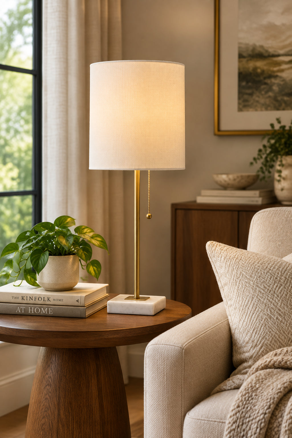 Fiona Table Lamp - White Marble Brass-Lighting-DECOROLALA