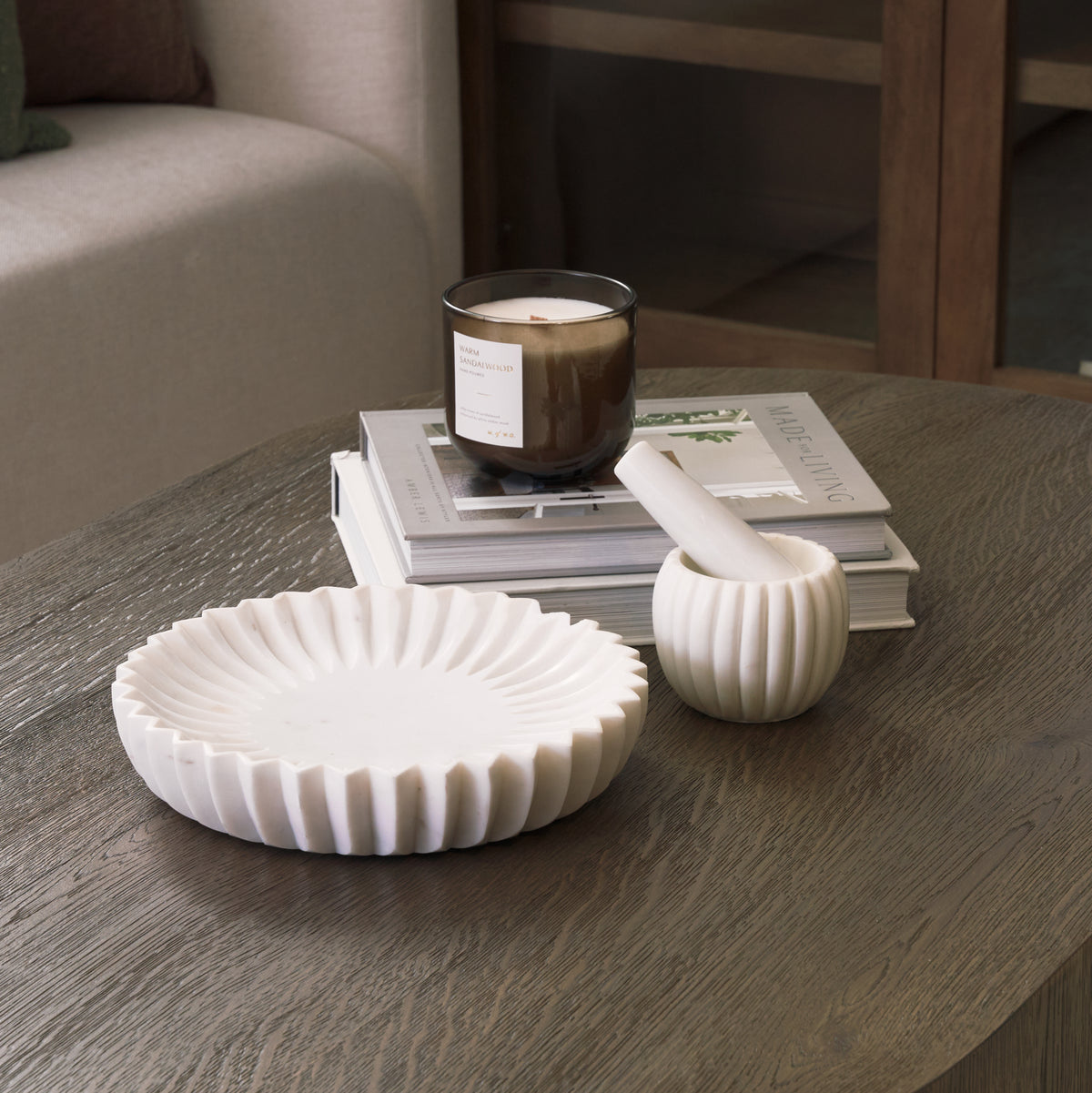 Fiora Round White Marble Scalloped Decorative Bowl-Bowls-DECOROLALA
