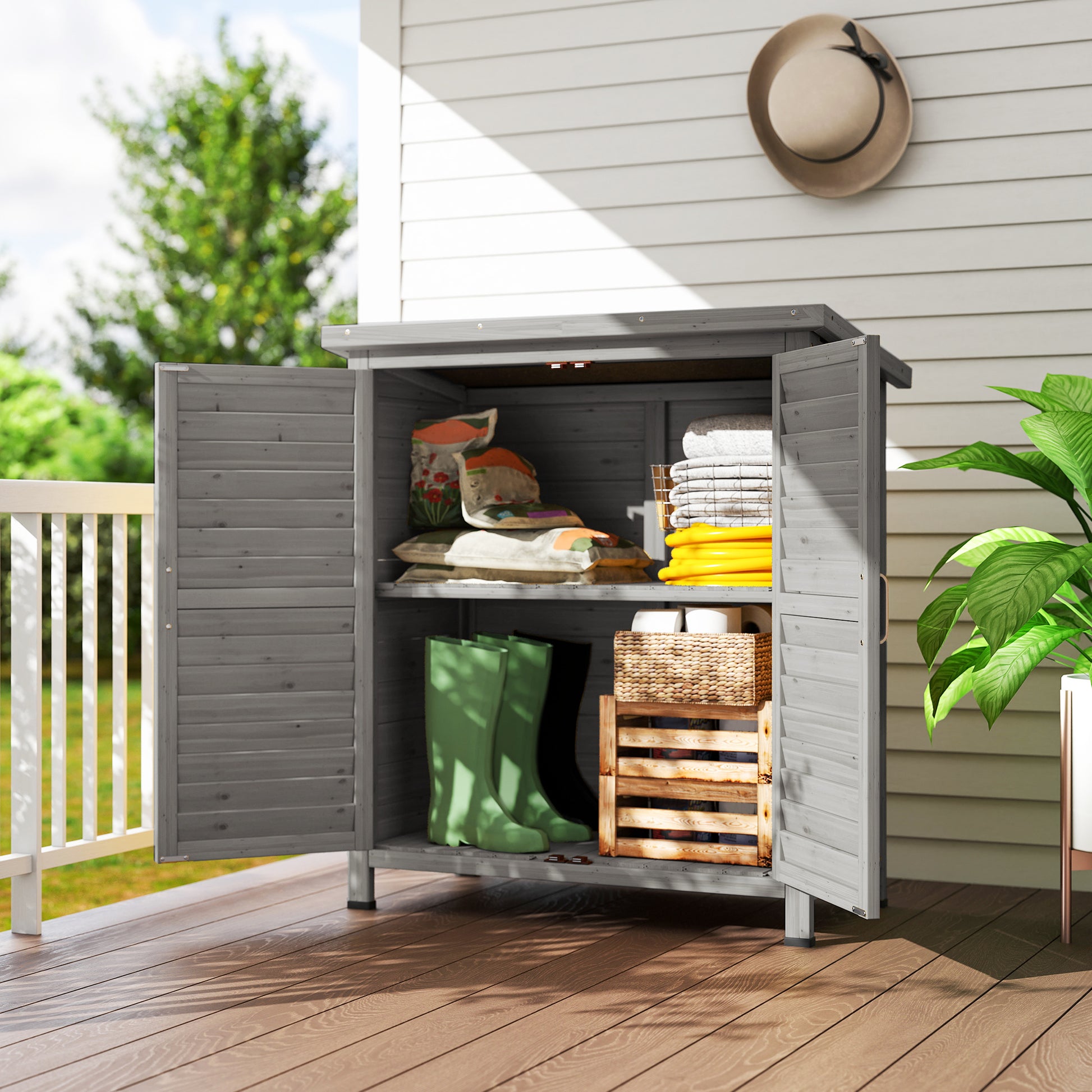 Fir Wood Garden Storage Shed - Grey 34" x 18" x 38"-Patio & Garden > Lawn & Garden > Sheds > Outdoor Storage Cabinet-DECOROLALA