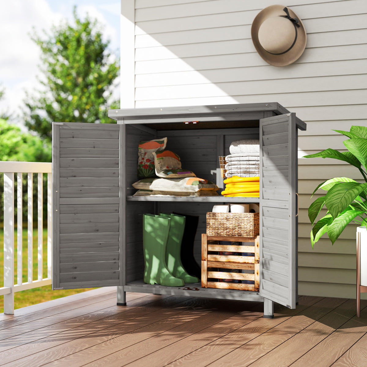 Fir Wood Garden Storage Shed - Grey 34" x 18" x 38"-Patio & Garden > Lawn & Garden > Sheds > Outdoor Storage Cabinet-DECOROLALA