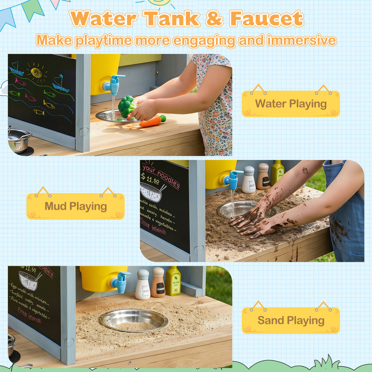 Ensemble de jeu de cuisine pour enfants en bois de sapin avec auvent et robinet - Naturel