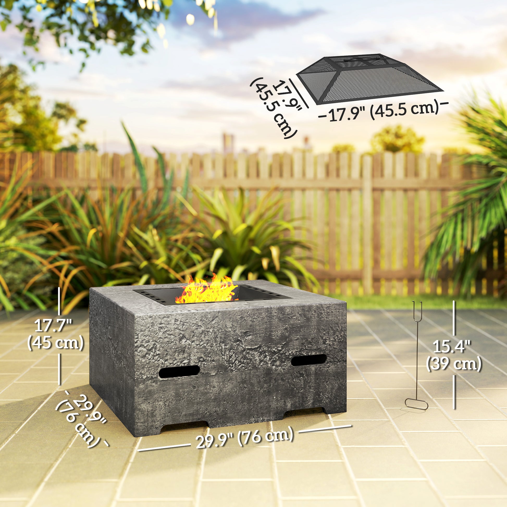 Fire Pit with Fire Poker, Wood Burning Firepit for Outside with Mesh Lid, Magnesium Oxide Stone Texture, Charcoal Grey-Patio & Garden > Fire Pits-DECOROLALA
