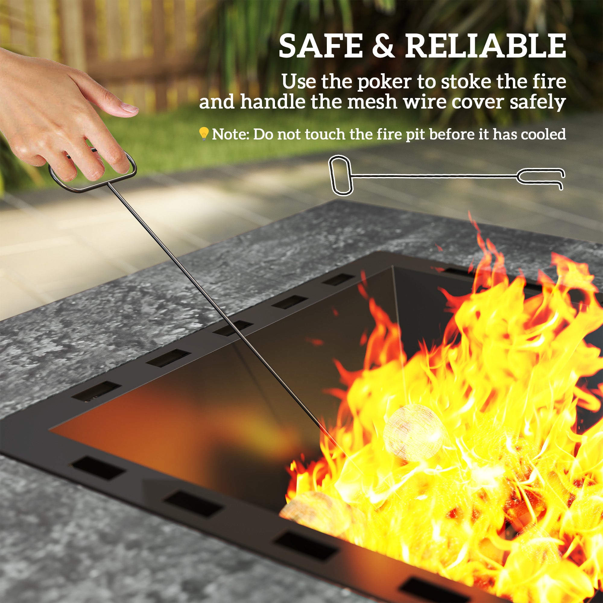 Fire Pit with Fire Poker, Wood Burning Firepit for Outside with Mesh Lid, Magnesium Oxide Stone Texture, Charcoal Grey-Patio & Garden > Fire Pits-DECOROLALA