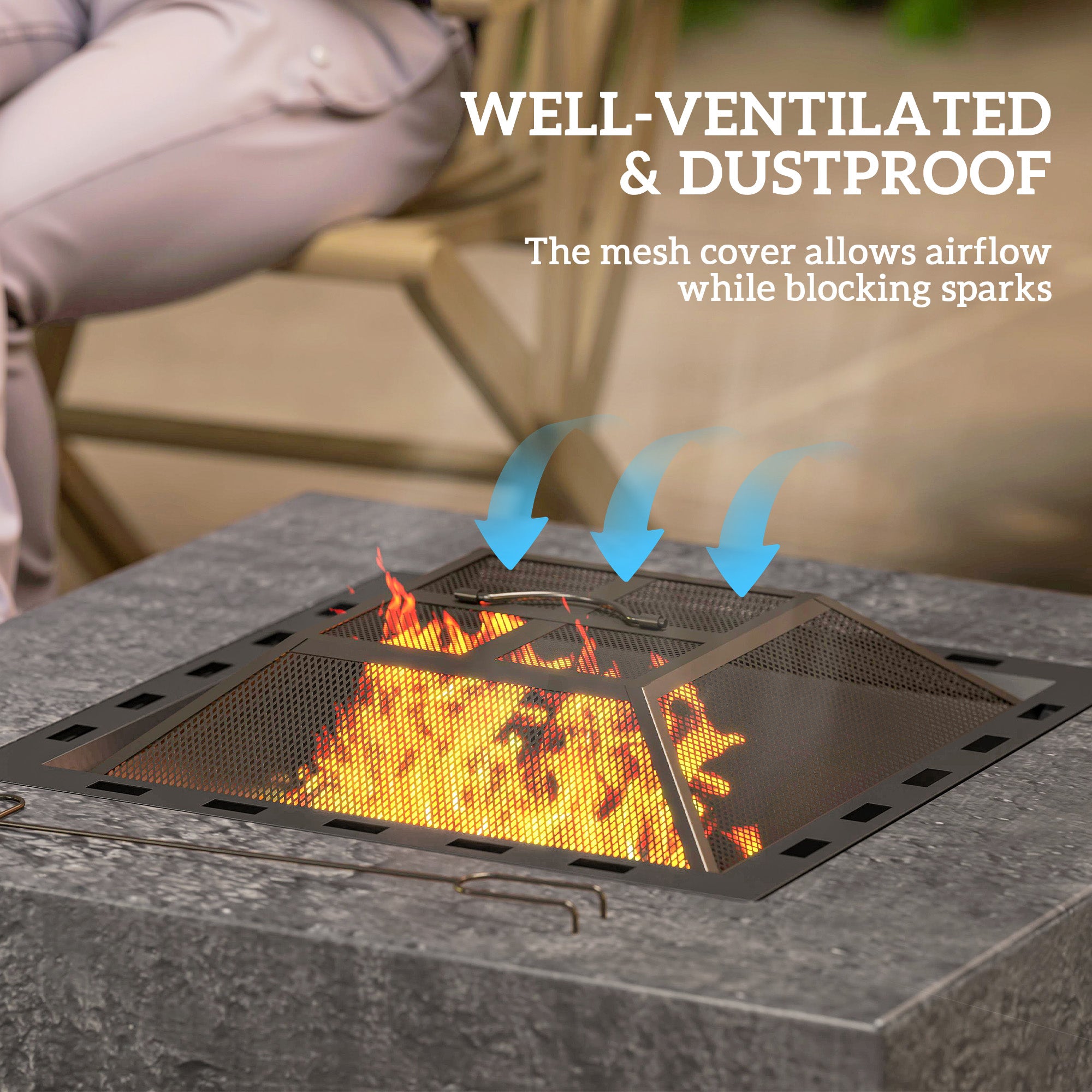 Fire Pit with Fire Poker, Wood Burning Firepit for Outside with Mesh Lid, Magnesium Oxide Stone Texture, Charcoal Grey-Patio & Garden > Fire Pits-DECOROLALA