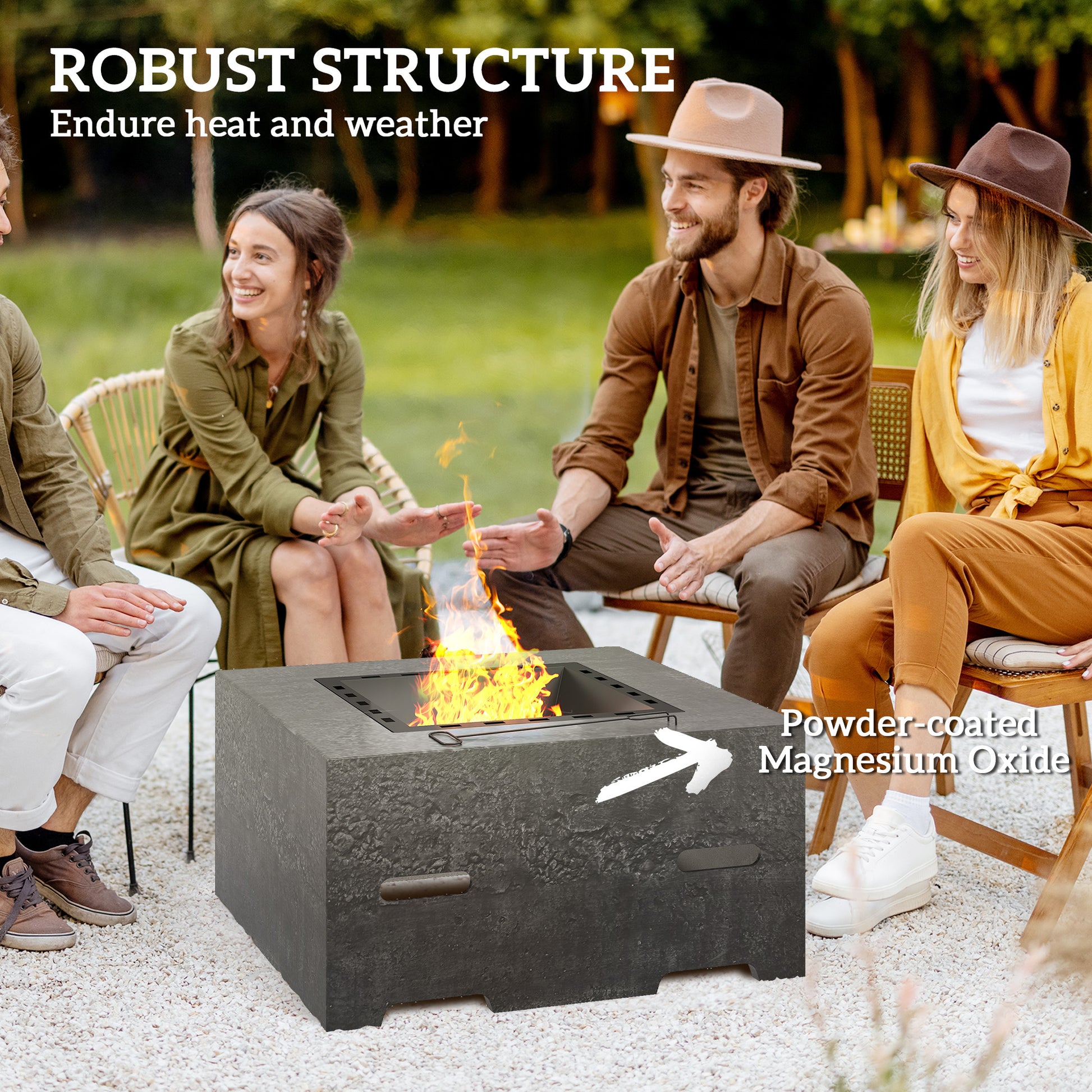 Fire Pit with Fire Poker, Wood Burning Firepit for Outside with Mesh Lid, Magnesium Oxide Stone Texture, Charcoal Grey-Patio & Garden > Fire Pits-DECOROLALA