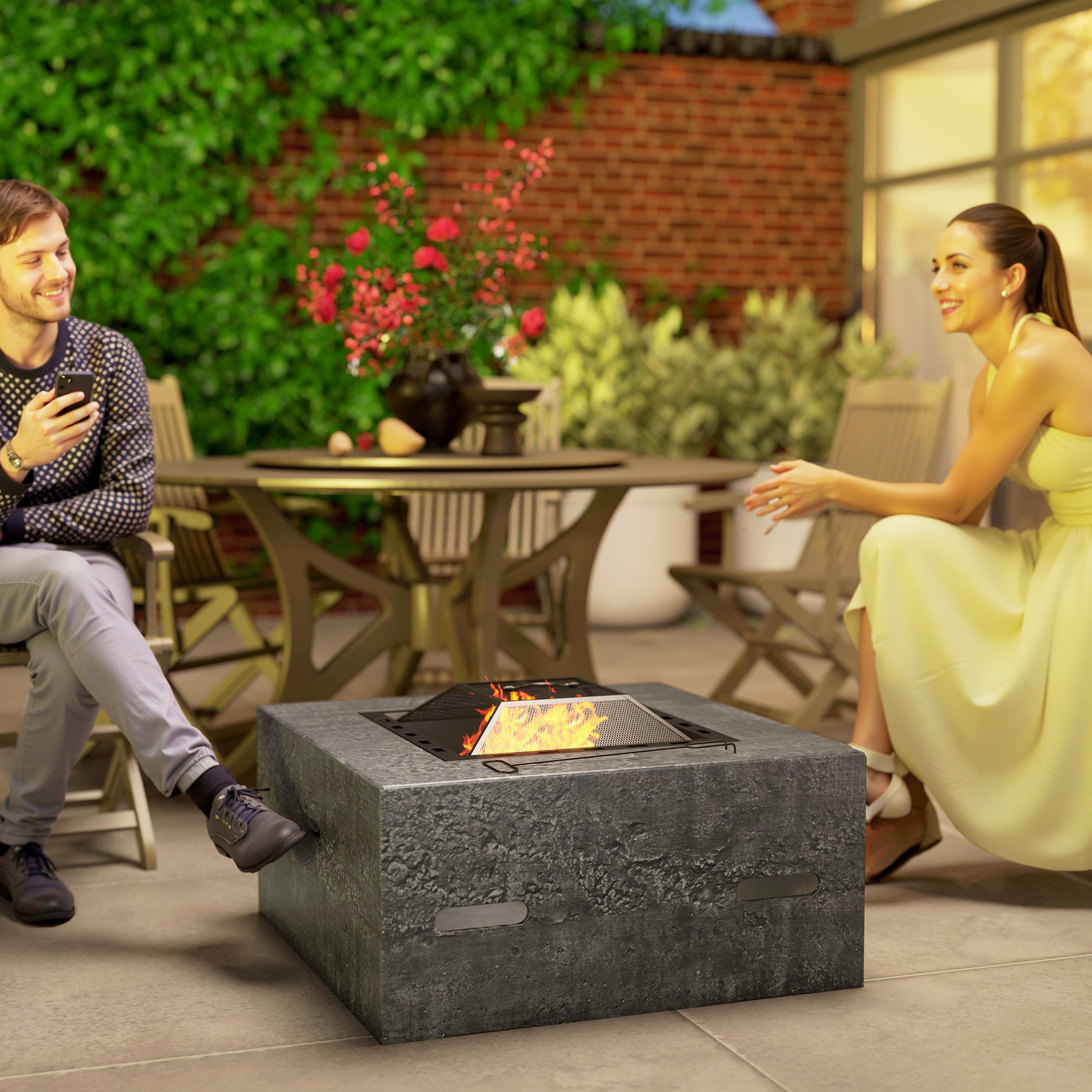 Fire Pit with Fire Poker, Wood Burning Firepit for Outside with Mesh Lid, Magnesium Oxide Stone Texture, Charcoal Grey-Patio & Garden > Fire Pits-DECOROLALA
