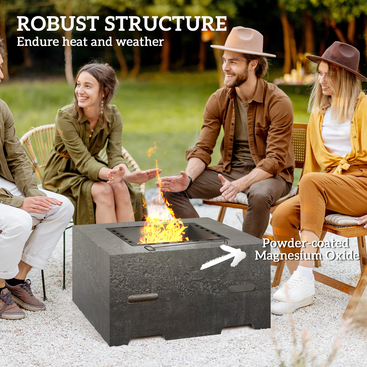 Fire Pit with Fire Poker, Wood Burning Firepit for Outside with Mesh Lid, Magnesium Oxide Stone Texture, Charcoal Grey-Patio & Garden > Fire Pits-DECOROLALA