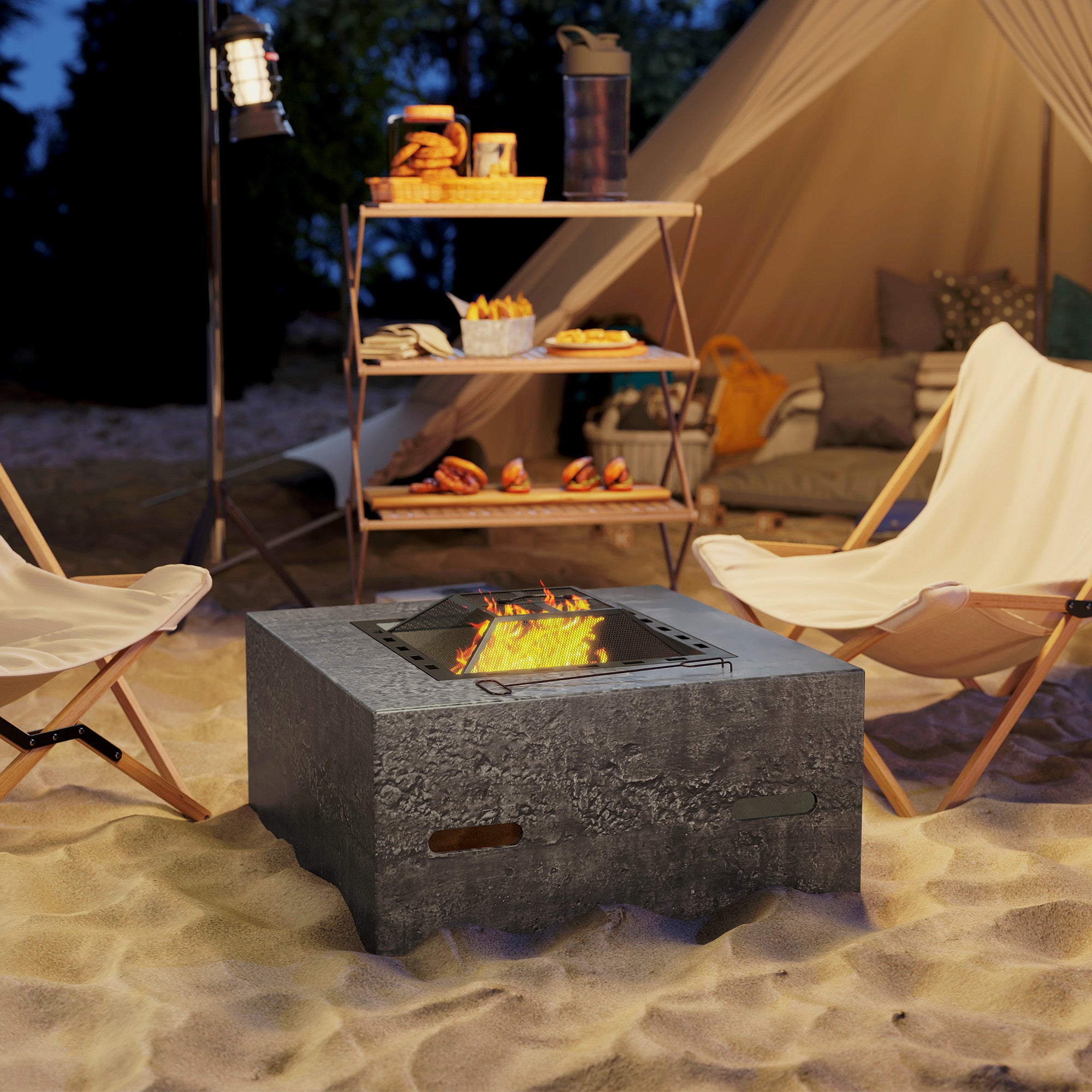 Fire Pit with Fire Poker, Wood Burning Firepit for Outside with Mesh Lid, Magnesium Oxide Stone Texture, Charcoal Grey-Patio & Garden > Fire Pits-DECOROLALA