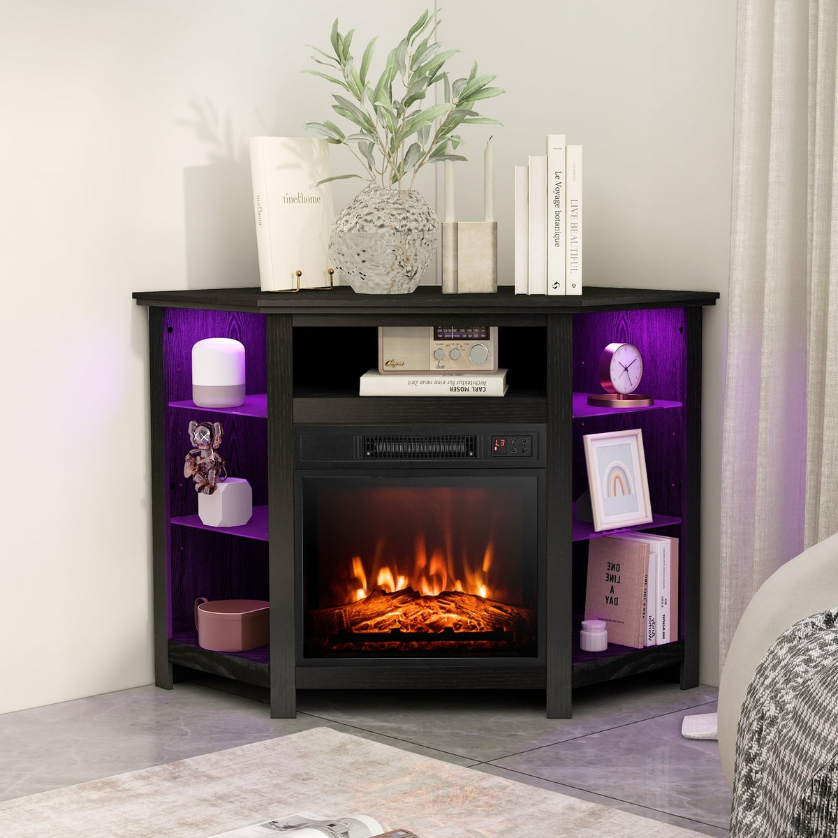 Fireplace Corner TV Stand with LED Lights and Smart APP Control for 50 Inches TV-Black-Entertainment Centers & TV Stands-DECOROLALA