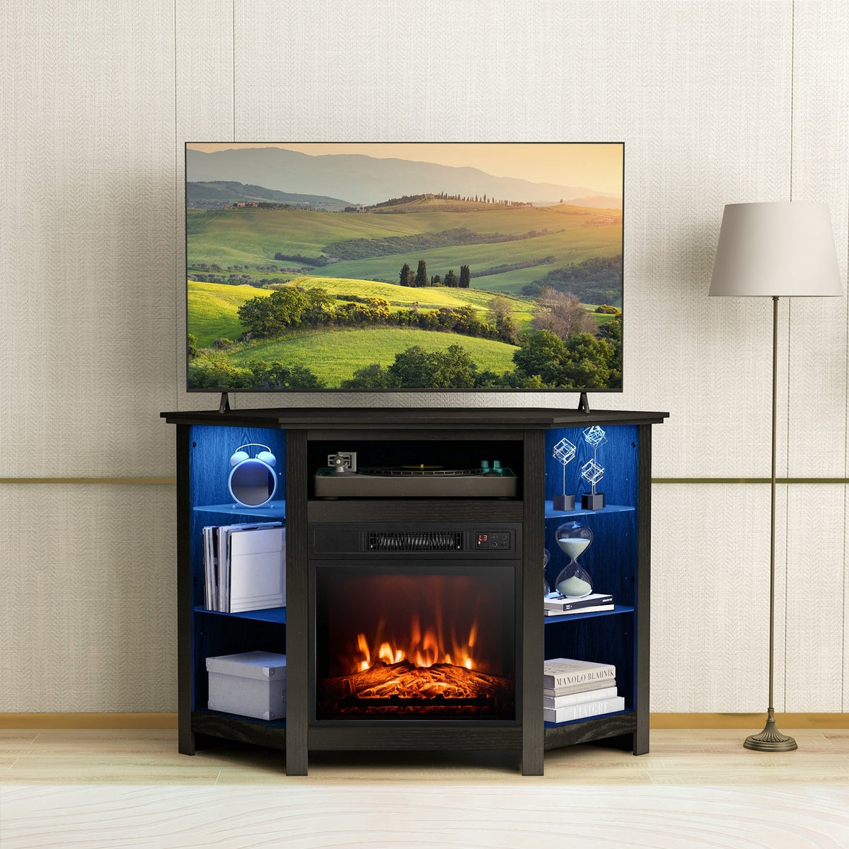 Fireplace Corner TV Stand with LED Lights and Smart APP Control for 50 Inches TV-Black-Entertainment Centers & TV Stands-DECOROLALA