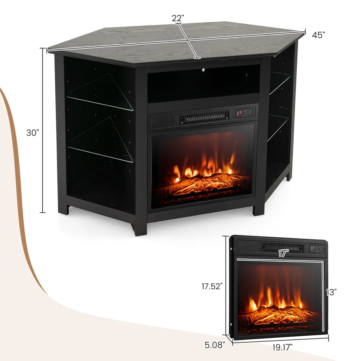 Fireplace Corner TV Stand with LED Lights and Smart APP Control for 50 Inches TV-Black-Entertainment Centers & TV Stands-DECOROLALA