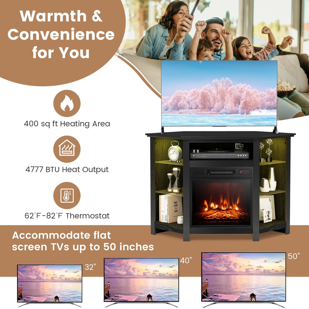 Fireplace Corner TV Stand with LED Lights and Smart APP Control for 50 Inches TV-Black-Entertainment Centers & TV Stands-DECOROLALA