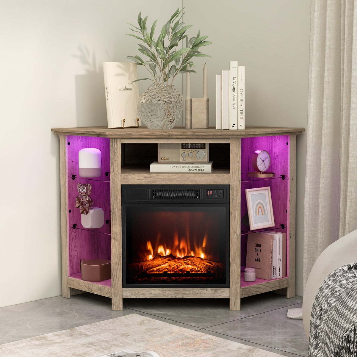 Fireplace Corner TV Stand with LED Lights and Smart APP Control for 50 Inches TV-Gray-Entertainment Centers & TV Stands-DECOROLALA