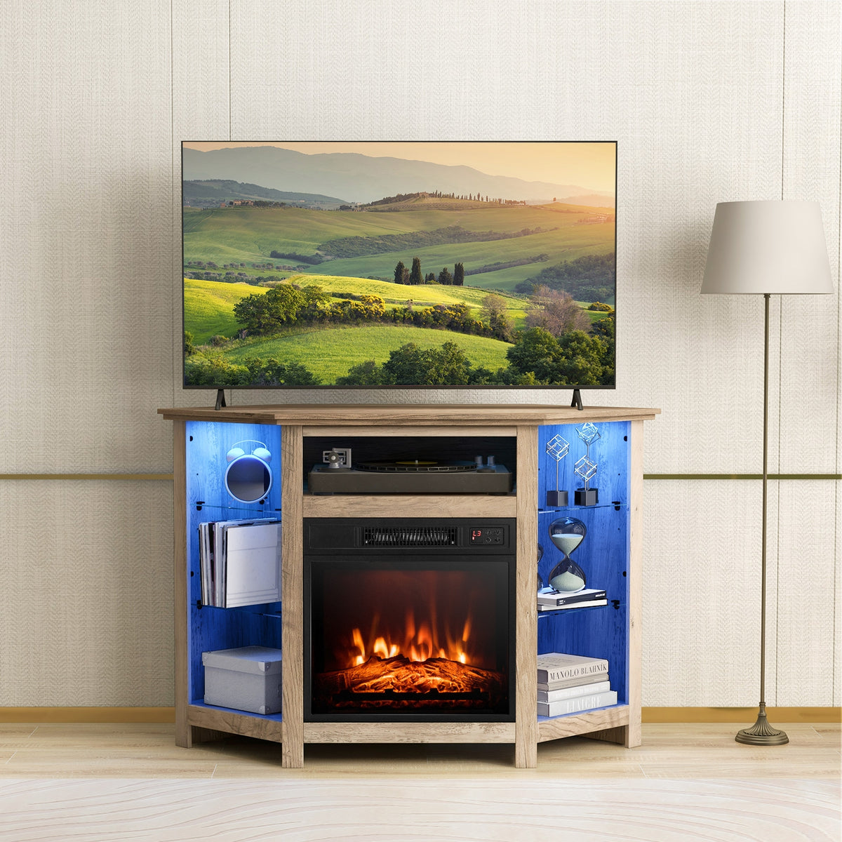 Fireplace Corner TV Stand with LED Lights and Smart APP Control for 50 Inches TV-Gray-Entertainment Centers & TV Stands-DECOROLALA
