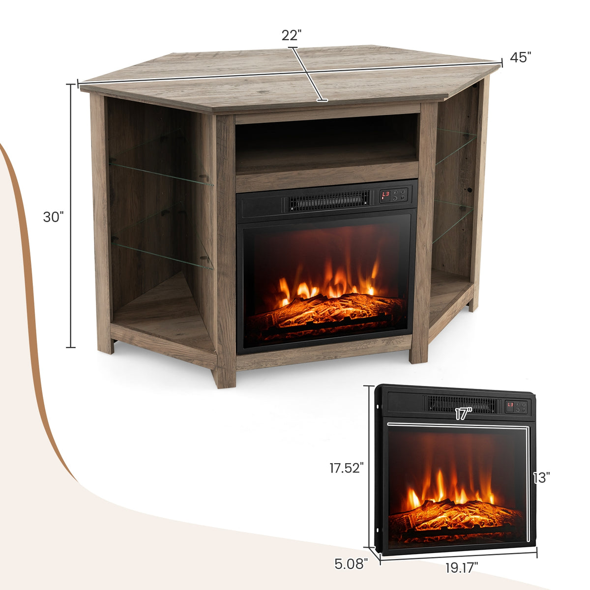 Fireplace Corner TV Stand with LED Lights and Smart APP Control for 50 Inches TV-Gray-Entertainment Centers & TV Stands-DECOROLALA