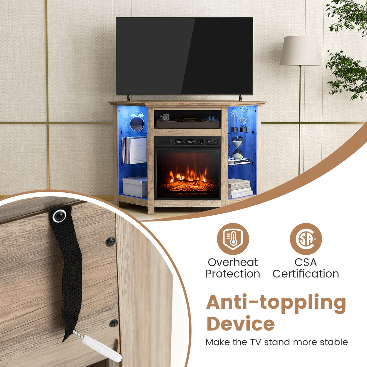 Fireplace Corner TV Stand with LED Lights and Smart APP Control for 50 Inches TV-Gray-Entertainment Centers & TV Stands-DECOROLALA