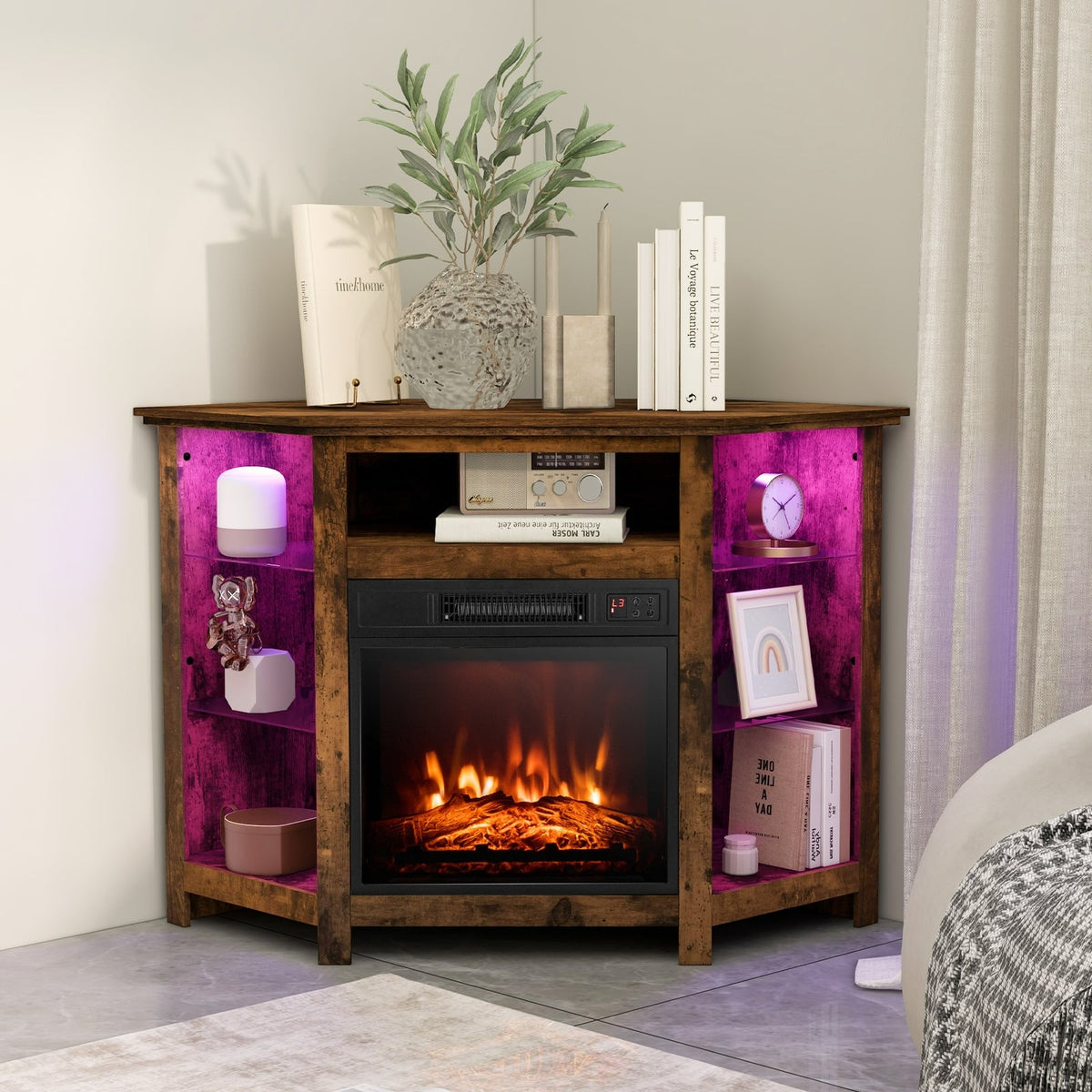 Fireplace Corner TV Stand with LED Lights and Smart APP Control for 50 Inches TV-Rustic Brown-Entertainment Centers & TV Stands-DECOROLALA