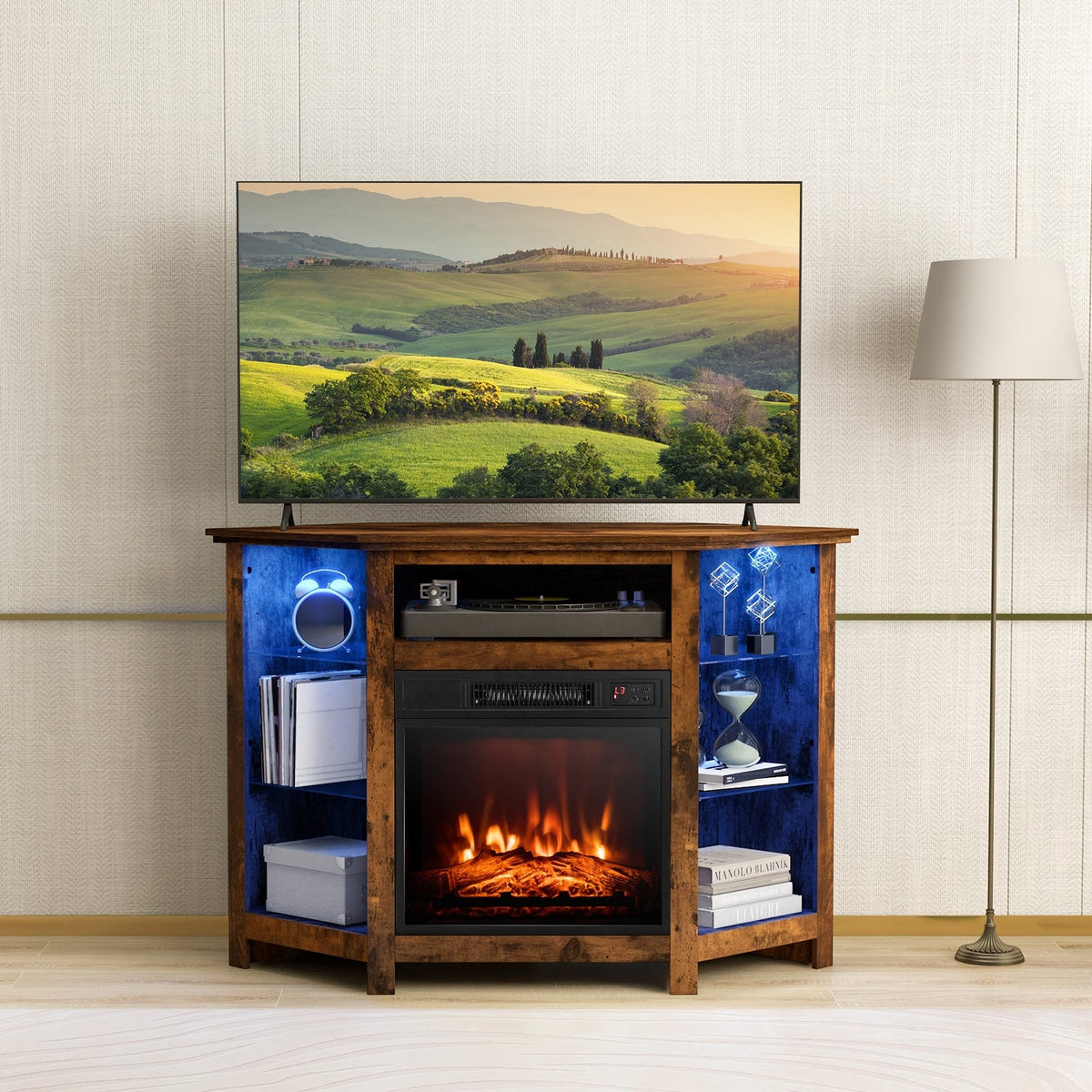 Fireplace Corner TV Stand with LED Lights and Smart APP Control for 50 Inches TV-Rustic Brown-Entertainment Centers & TV Stands-DECOROLALA