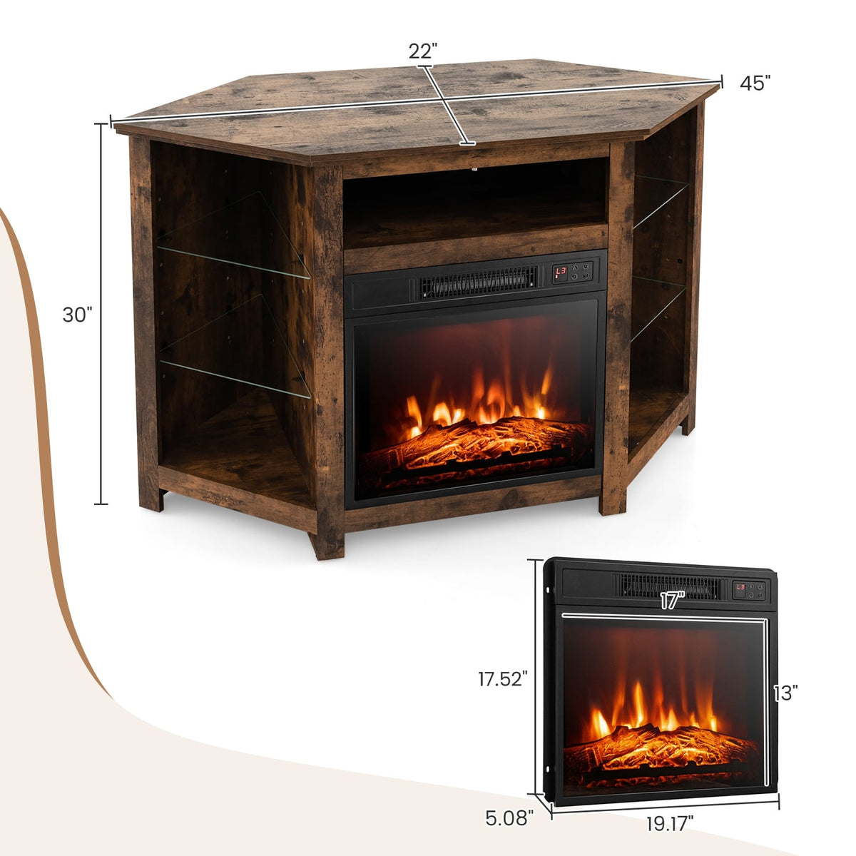 Fireplace Corner TV Stand with LED Lights and Smart APP Control for 50 Inches TV-Rustic Brown-Entertainment Centers & TV Stands-DECOROLALA