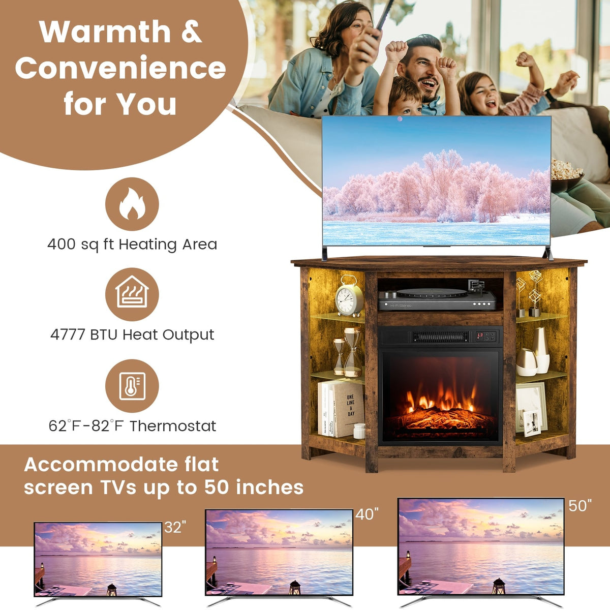Fireplace Corner TV Stand with LED Lights and Smart APP Control for 50 Inches TV-Rustic Brown-Entertainment Centers & TV Stands-DECOROLALA