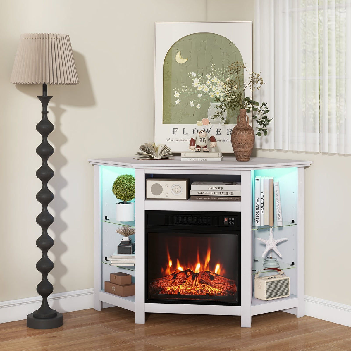 Fireplace Corner TV Stand with LED Lights and Smart APP Control for 50 Inches TV-White-Entertainment Centers & TV Stands-DECOROLALA