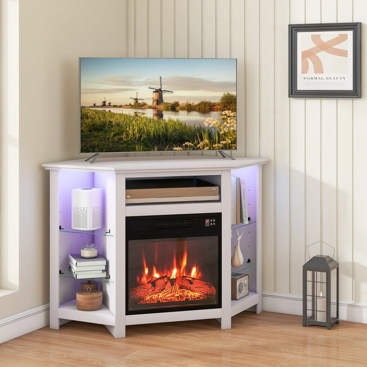 Fireplace Corner TV Stand with LED Lights and Smart APP Control for 50 Inches TV-White-Entertainment Centers & TV Stands-DECOROLALA