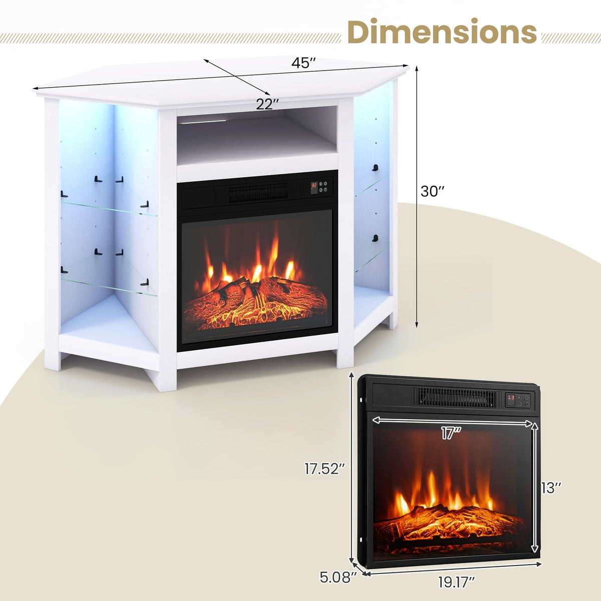 Fireplace Corner TV Stand with LED Lights and Smart APP Control for 50 Inches TV-White-Entertainment Centers & TV Stands-DECOROLALA