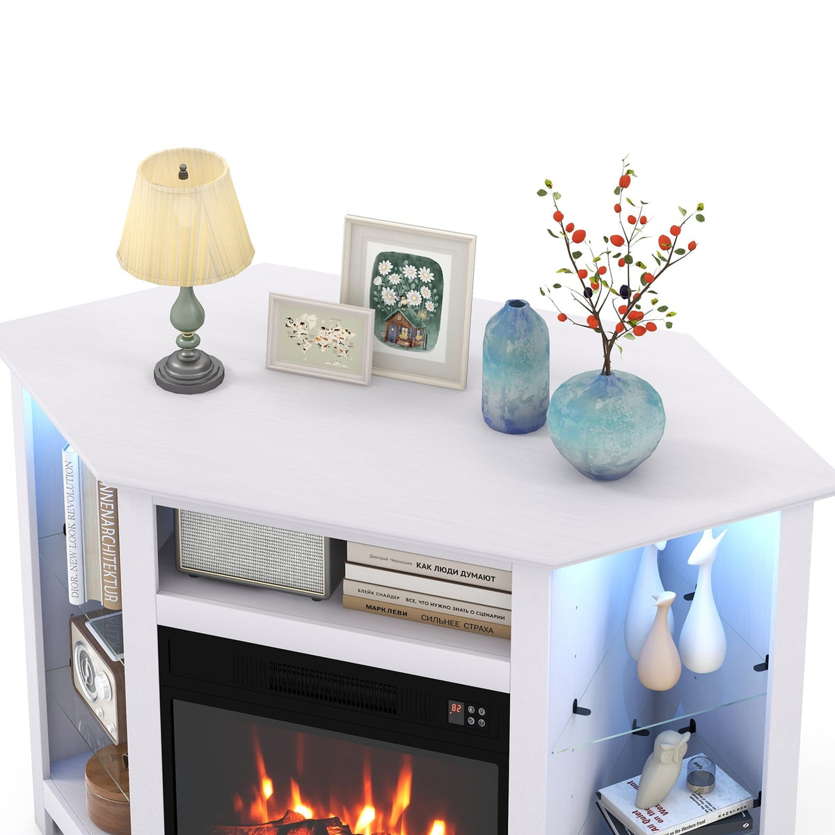 Fireplace Corner TV Stand with LED Lights and Smart APP Control for 50 Inches TV-White-Entertainment Centers & TV Stands-DECOROLALA