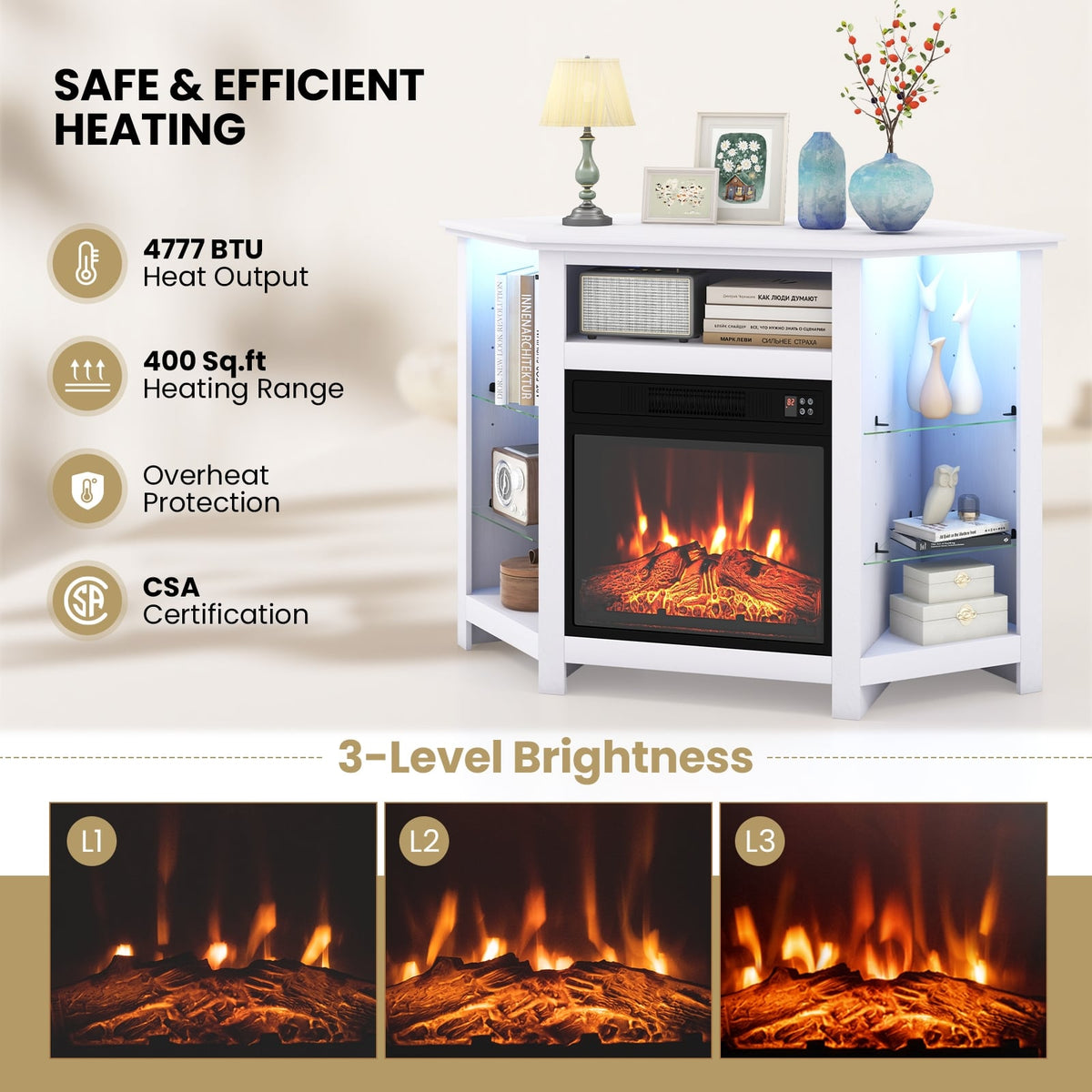 Fireplace Corner TV Stand with LED Lights and Smart APP Control for 50 Inches TV-White-Entertainment Centers & TV Stands-DECOROLALA