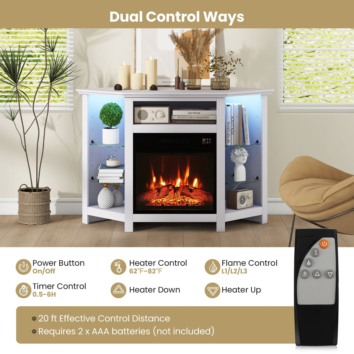 Fireplace Corner TV Stand with LED Lights and Smart APP Control for 50 Inches TV-White-Entertainment Centers & TV Stands-DECOROLALA