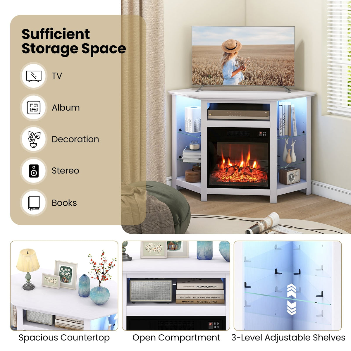 Fireplace Corner TV Stand with LED Lights and Smart APP Control for 50 Inches TV-White-Entertainment Centers & TV Stands-DECOROLALA