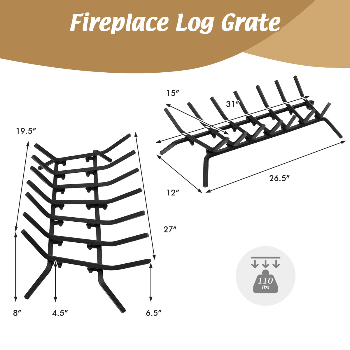 31/25/18 Inch Fireplace Grate for Outdoor Fire Pit-L-Fireplace Tools-DECOROLALA