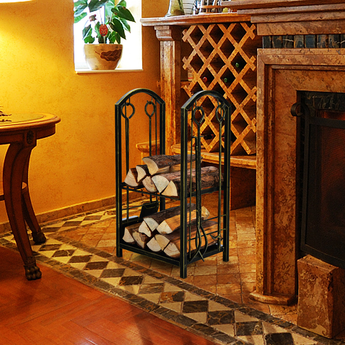 Fireplace Log Rack with 4 Pieces Fireplace Tools-Bronze-Log Racks & Carriers-DECOROLALA