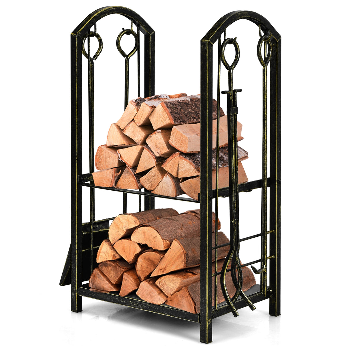 Fireplace Log Rack with 4 Pieces Fireplace Tools-Bronze-Log Racks & Carriers-DECOROLALA