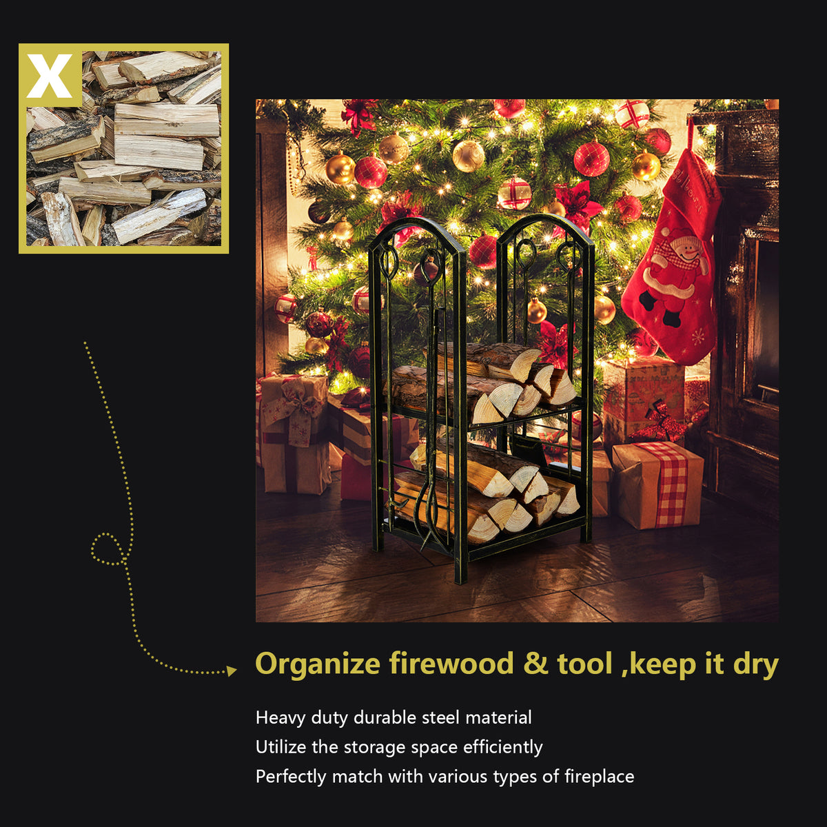 Fireplace Log Rack with 4 Pieces Fireplace Tools-Bronze-Log Racks & Carriers-DECOROLALA