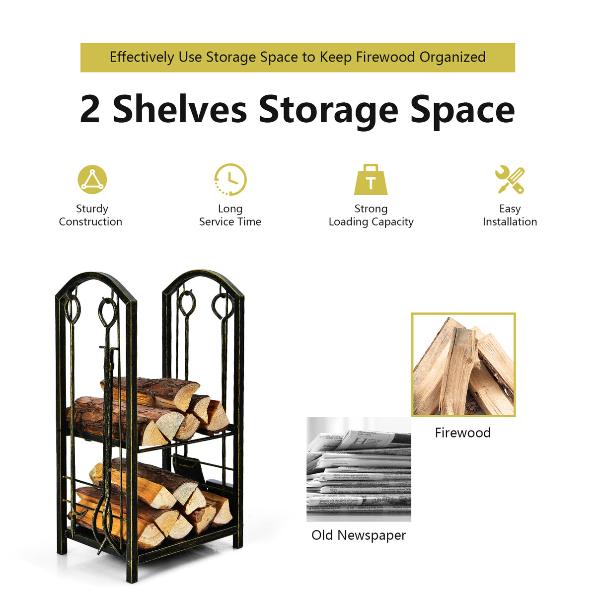 Fireplace Log Rack with 4 Pieces Fireplace Tools-Bronze-Log Racks & Carriers-DECOROLALA
