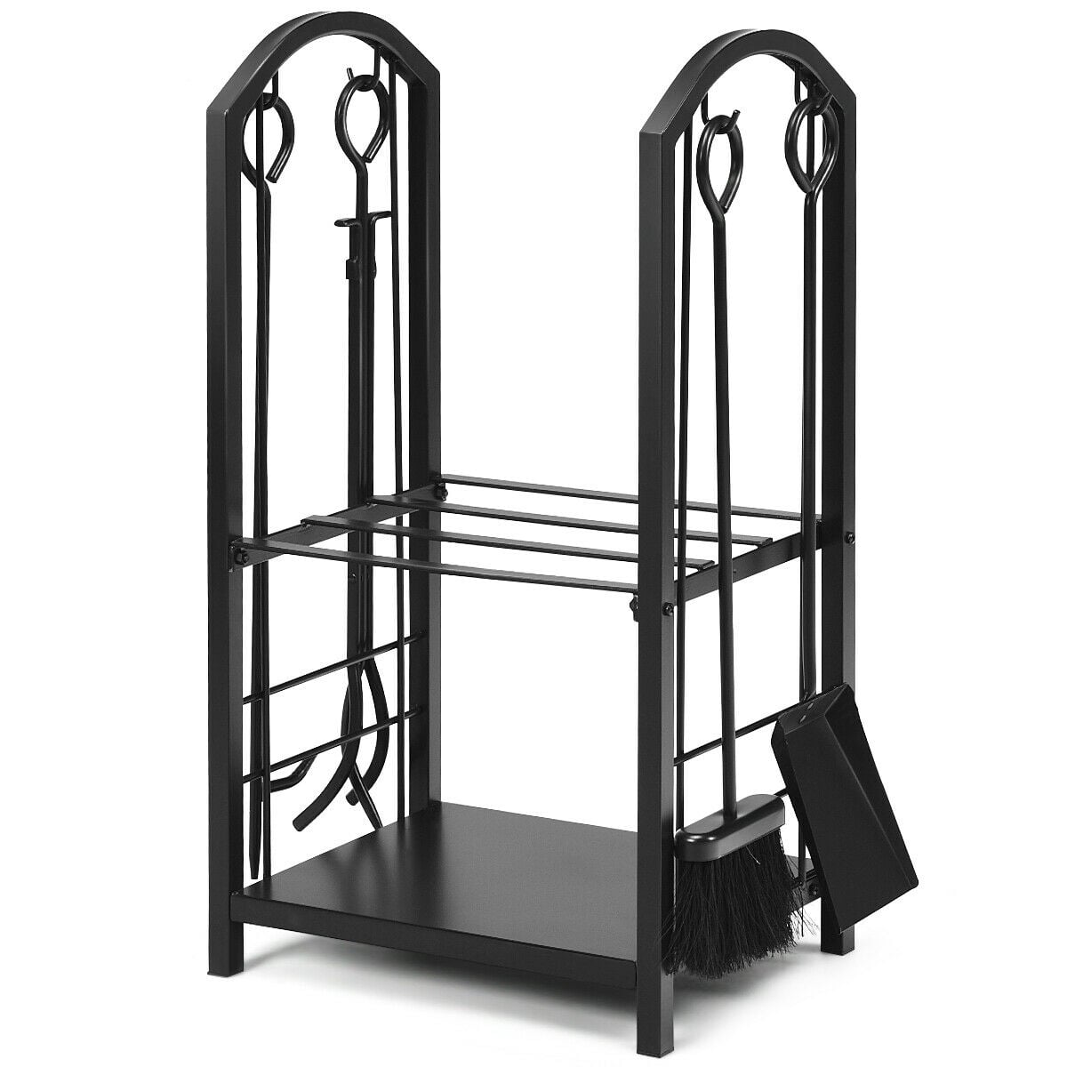 Fireplace Log Rack with 4 Tools Set Fireside Firewood Holder-Log Racks & Carriers-DECOROLALA